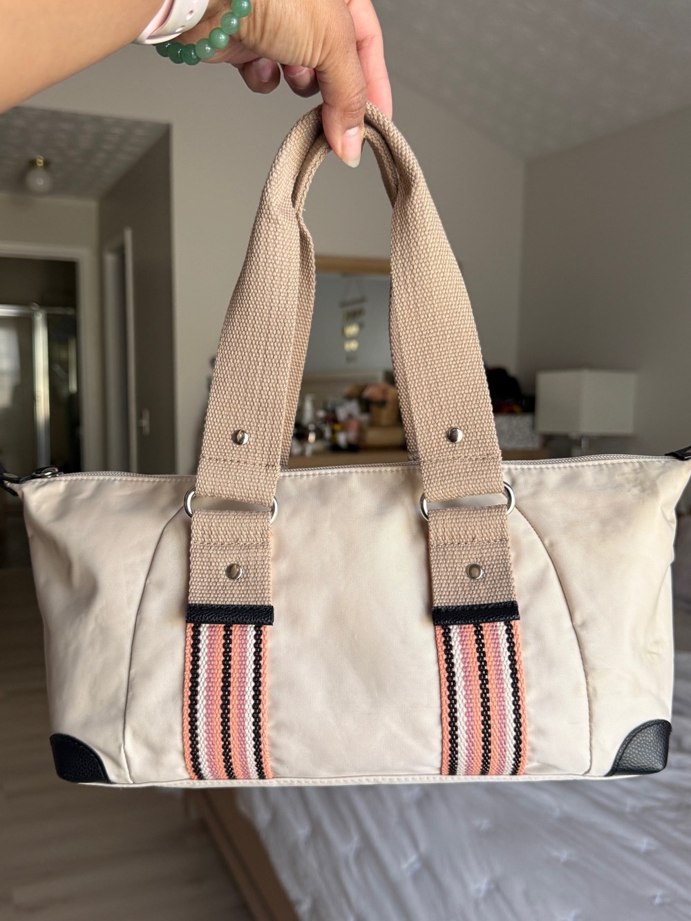 Victoria Secret Beige Canvas Tote with Pink Accent Straps
